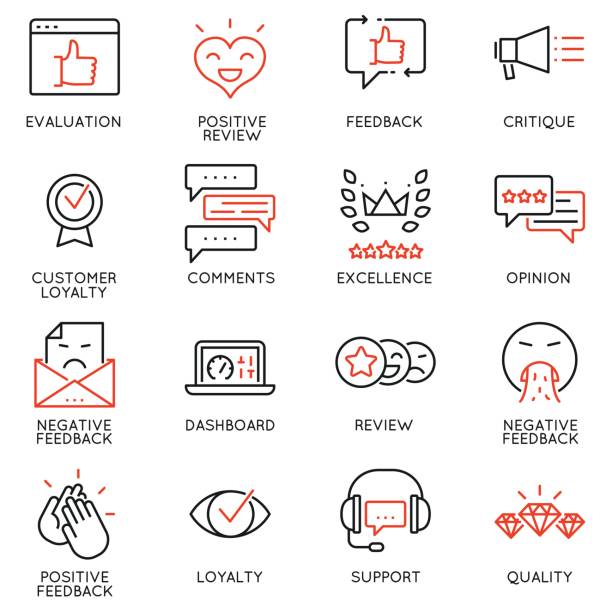 ilustraciones, imágenes clip art, dibujos animados e iconos de stock de vector conjunto de iconos lineales relacionados con retroalimentación, revisión y customer relationship management. mono línea pictograms y elementos de diseño de infografías - mockery