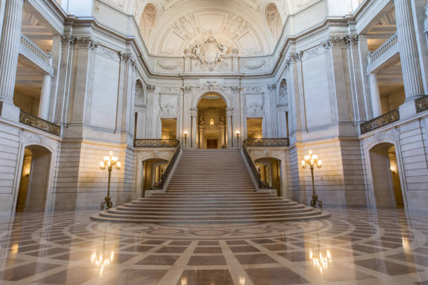 San Francisco, California, USA - June 1, 2017: San Francisco City Hall. The Rotunda Facing the Grand Staircase and the Tennessee Pink Marble. San Francisco City Hall Interiors grand staircase escalante national monument stock pictures, royalty-free photos & images
