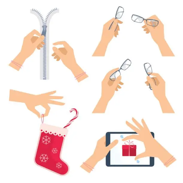 Vector illustration of Hands are unzipping a zipper. Hand with glasses, christmas sock.