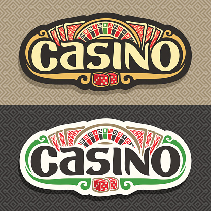 Vector sign for Casino club on geometric background: roulette wheel, lettering title - casino, 3 playing cards with red back for blackjack, pair dice for craps, gambling sign board for online casino.