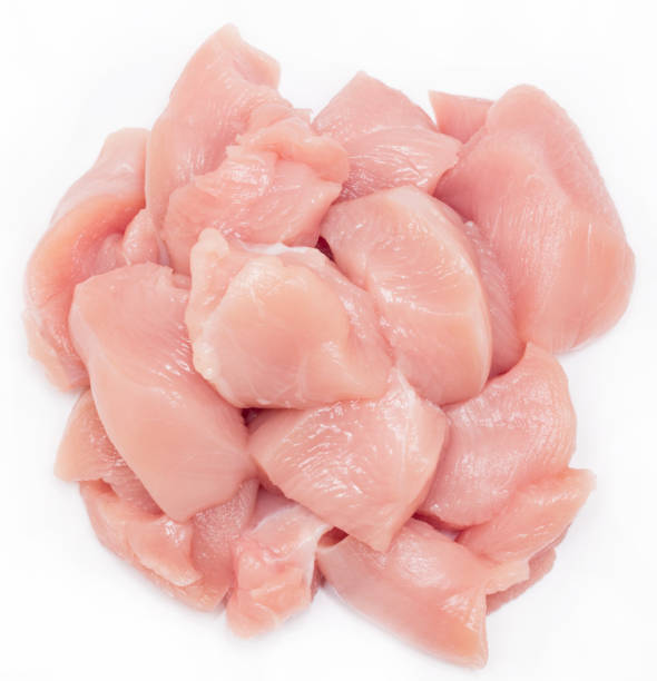 istock Top view of raw chicken fillet chunks isolated on white 692596922