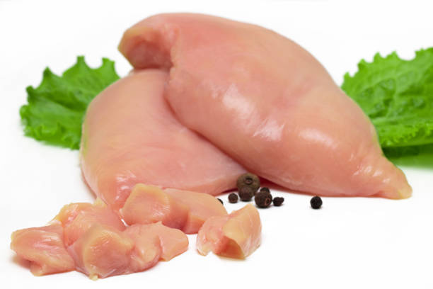 istock Top view of raw chicken fillet chunks isolated on white 692596982