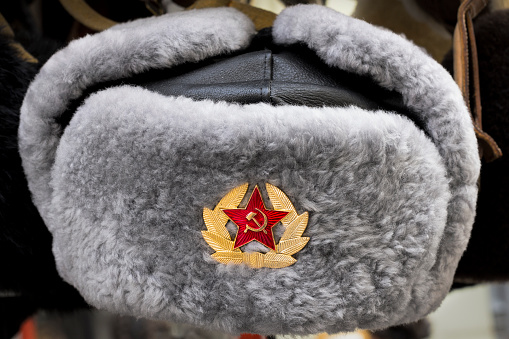 Grey Russian Soviet Red Army USSR winter fur hat called Ushanka