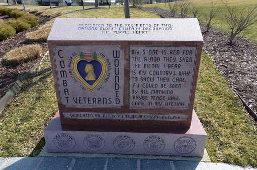 Lansing, DeepMeta.Shared.Country: The Combat Wounded Veterans memorial, shown here on March 26, 2016, honors veterans who have received the Purple Heart medal.