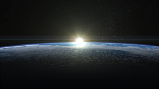 alba sulla terra. vista dallo spazio. - satellite view earth globe sunrise foto e immagini stock