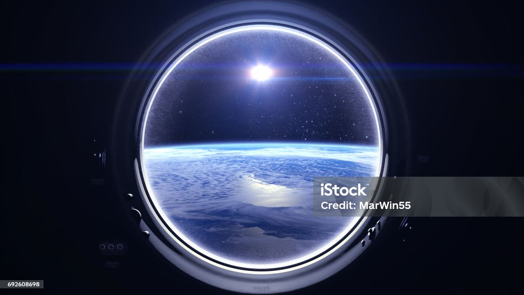 Flight Of The Space Station Above The Earth. International space station is orbiting the Earth. Earth as seen through round window of ISS. The sun in the window of the spacecraft. Starry sky. NASA. View of Earth through the window of the international space station. Flight Of The Space Station Above The Earth. Earth as seen through round window of ISS. The sun in the window of the spacecraft. Volumetric clouds. Starry sky. NASA. Space. New Stock Photo