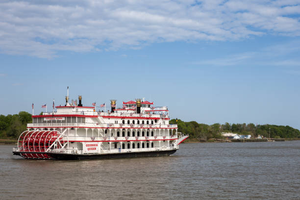 Savannah, GA - March 27, 2017:  The Georgia Queen is an 1800s style paddlewheel riverboat and tourist attraction in historic Savannah, Georgia.  It can accommodate up to 1000 passengers and is the newest member of the Savannah Riverboat Cruise fleet.