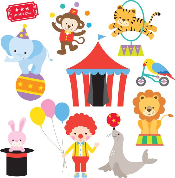 ilustrações de stock, clip art, desenhos animados e ícones de circus animal set - entertainment clown child circus