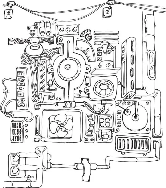 Vector illustration of doodles Machine mechanic, hand-drawn contour on a white background for children coloring. Steampunk Illustration of Multiple elements Connected by wires and pipes. For adult anti stress coloring book