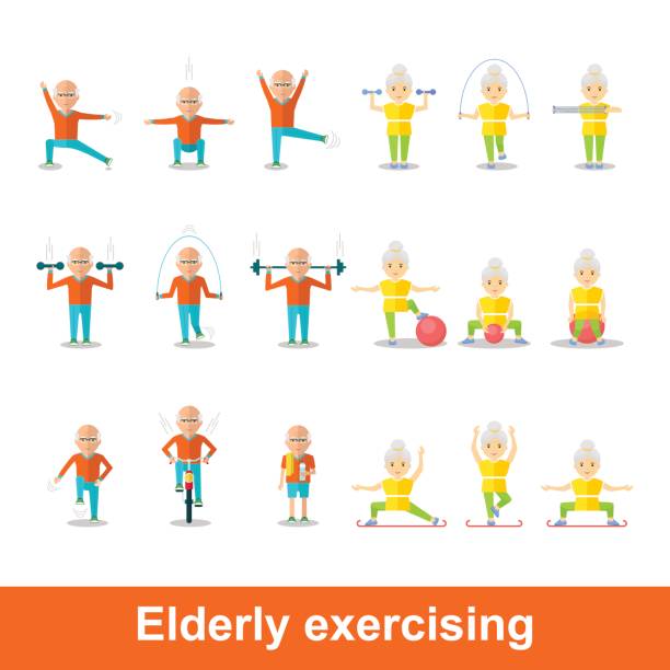 set of elderly exercising Elderly man and woman doing exercises. Healthy lifestyle, active lifestyle. Sport for grandparents. Holding hands couple.Objects isolated on a white background. Flat vector illustration. cartoon of the older people exercising gym stock illustrations