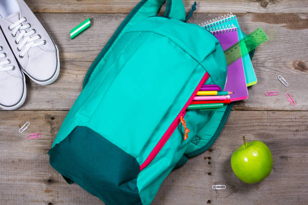istock Backpack with school stationery on wooden background 692626920
