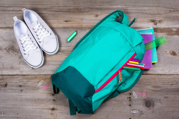 istock Backpack with school stationery on wooden background 692626978