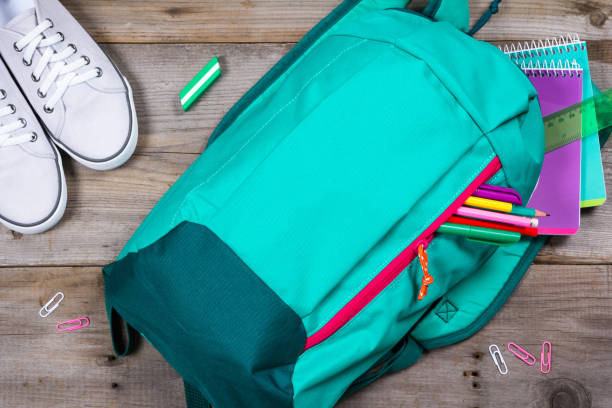 istock Backpack with school stationery on wooden background 692627030