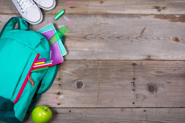 istock Backpack with school stationery on wooden background 692627516