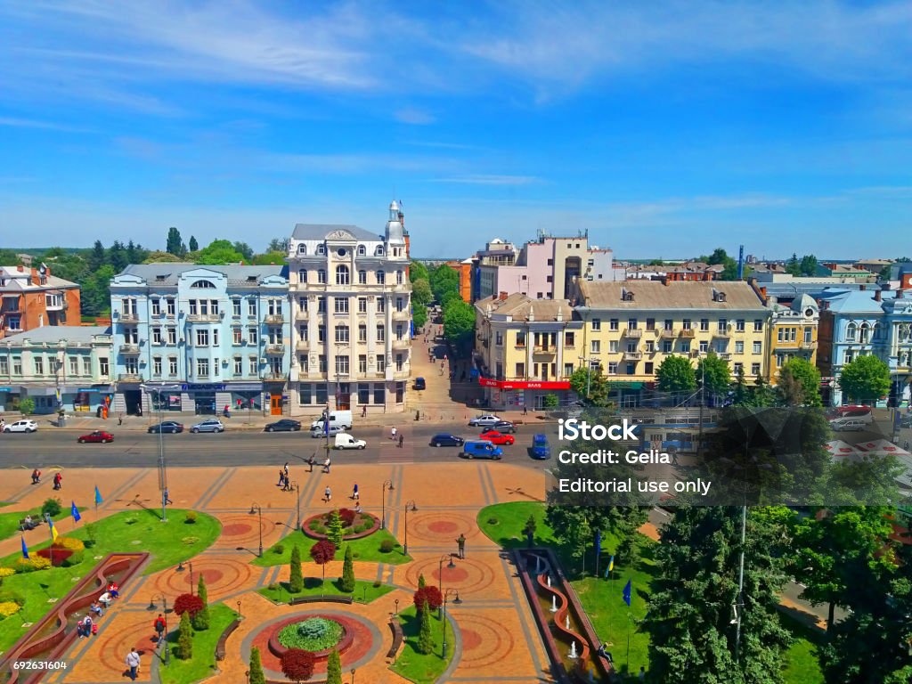 View of Soborna square and former hotel "Savoy" (1912), now it is the hotel "Ukraine", Vinnytsia, Ukraine VINNYTSIA, UKRAINE - MAY 18, 2017: View of Soborna square and former hotel "Savoy" (1912), now it is the hotel "Ukraine", Vinnytsia, Ukraine Aerial View Stock Photo