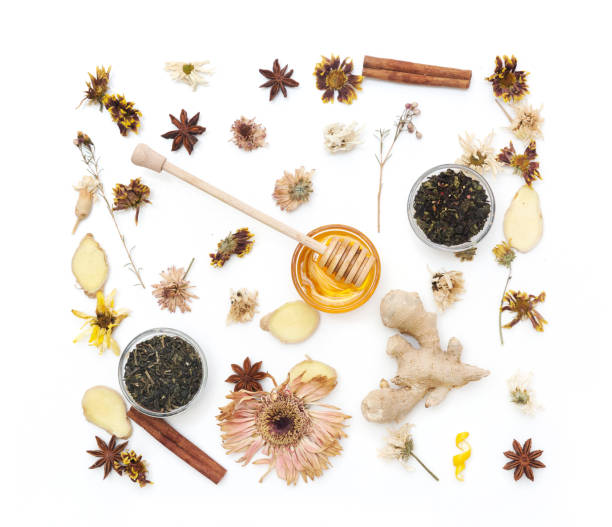 istock Tea with ginger and honey over white background. Flat lay composition 692635228