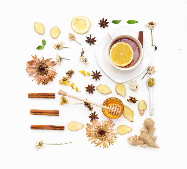 istock Herbal tea cooking set. Fresh mint, honeycombs, lemon, ginger on white background. Flat lay, top view, copy space 692635558