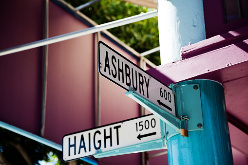 Ashbury and Haight street corner sign in San Francisco marking famous neighborhood where hippie movement started in 1960's