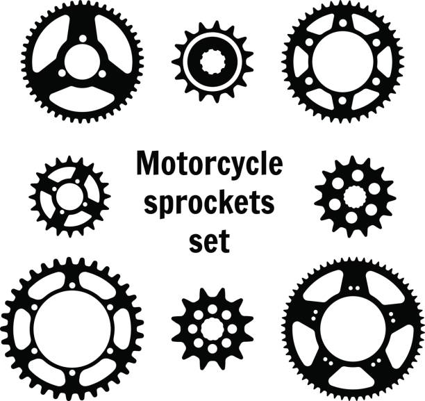 illustrazioni stock, clip art, cartoni animati e icone di tendenza di set di icone della ruota ingranaggio - chain bicycle chain gear equipment