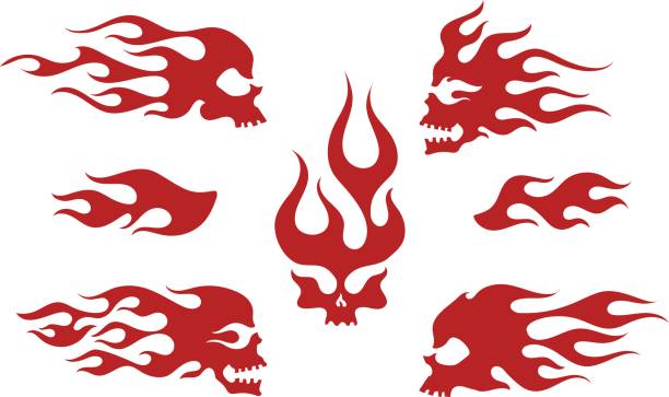 불타는 두개골의 붉은 실루엣 - inferno fire flame skull stock illustrations