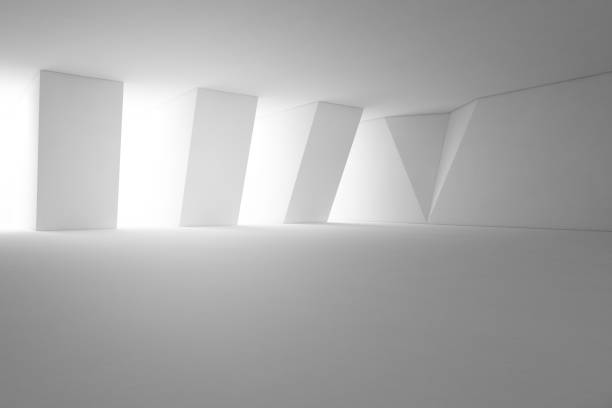 Abstract interior design of modern showroom with empty floor and white wall background