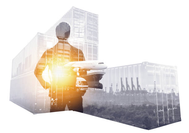 istock Smart logistic technology , internet of things , industry 4.0 and supply chain concept. Double exposure of man suit turn back toward with airplane ,drone,truck,Cargo ship , shipyard and container. 692657590