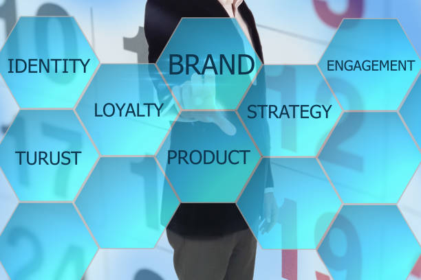 istock Businessman pressing 'BRAND' button on virtual touch screen on blue technology background. Businessman hand pushing blank hexagon shape virtual technology screen 692658054