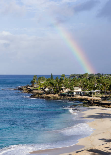 Blue water and a rainbow over Makaha Beach
