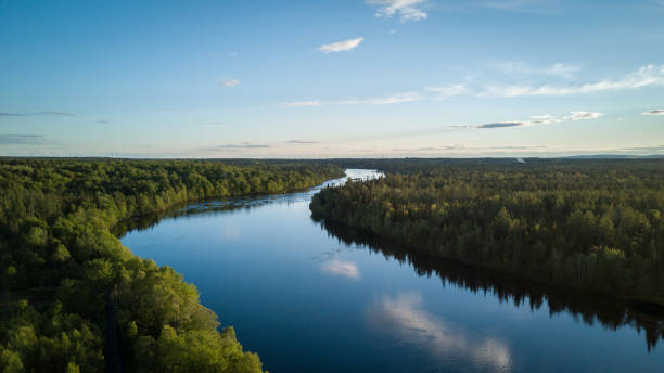 Photo of Aerial Nature Landscape Flying over River at Sunset