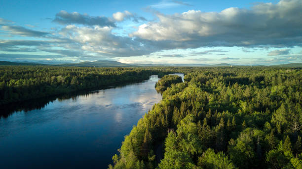 Aerial Nature Landscape Flying over River at Sunset