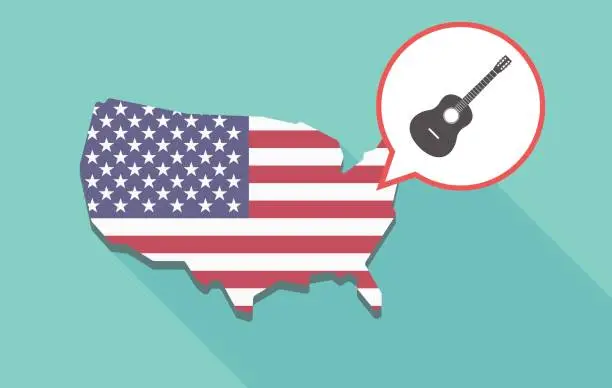 Vector illustration of Long shadow USA map with  a six string acoustic guitar