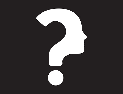 Black and white vector illustration of human face with question mark.