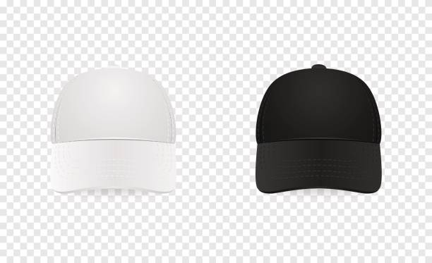 ilustrações, clipart, desenhos animados e ícones de conjunto de ícones de cap baseball branco e preto. vista frontal. closeup de modelo de desenho em vetor. mock-up para a marca e anuncie isolado no fundo transparente - snorting