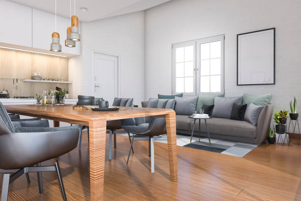 istock 3d rendering wood loft kitchen with bar and sofa near door 692699076