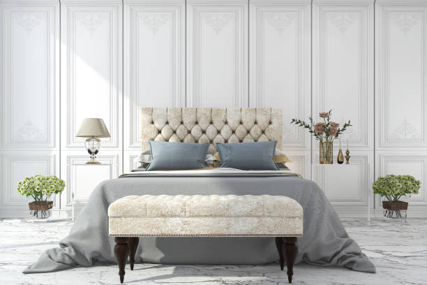 istock 3d rendering luxury blue bed in white classic bedroom 692699082