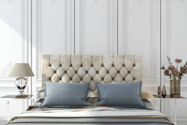 istock 3d rendering luxury blue bed in white classic bedroom 692699092