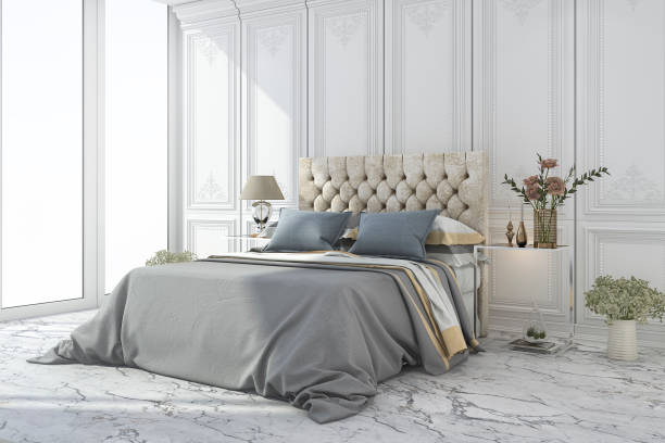 istock 3d rendering luxury blue bed in white classic bedroom 692699100