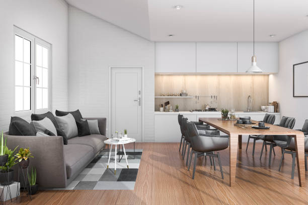 istock 3d rendering wood loft kitchen with bar and sofa near door 692699110