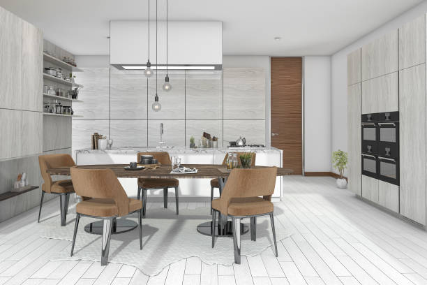istock 3d rendering dining set in wood kitchen and living design 692699118