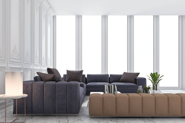 istock 3d rendering blue and brown sofa set in classic luxury white room 692699128