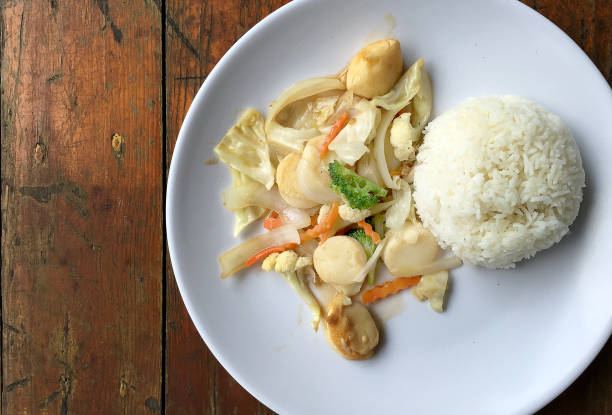 tofu frit avec des légumes dans un plat blanc avec du riz au jasmin thaïlandais sur fond en bois. nourriture de style thaïlandais. nourriture végétarienne. - tofu chinese cuisine vegetarian food broccoli photos et images de collection