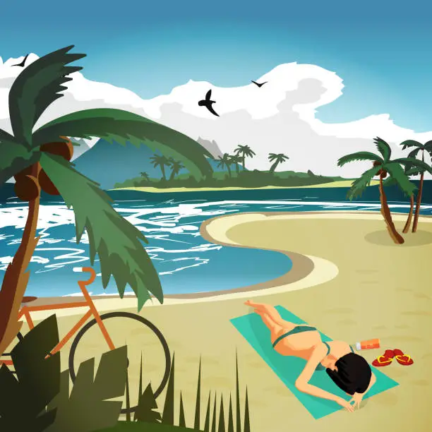 Vector illustration of Sea landscape summer tropical private beach