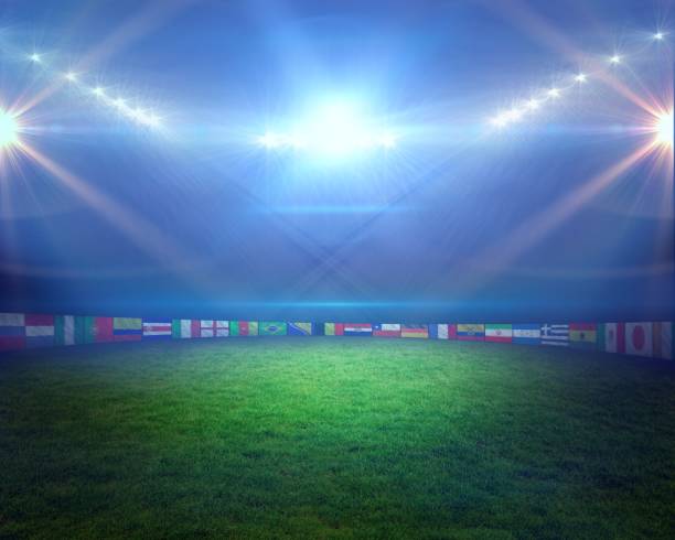 istock Football pitch with lights and flags 692705232
