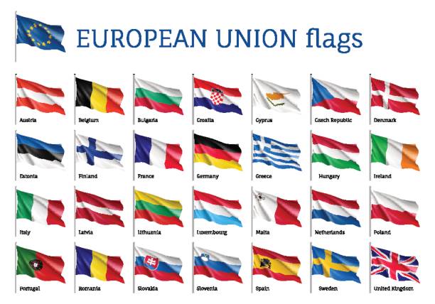 Set waving flags of EU Set of waving flags of EU: Spain, Sweden, Poland and Portugal, Belgium, Denmark, Latvia and Romania. 25 ensigns on flagpole of European Union states. Vector isolated icons on white background spanish flag stock illustrations