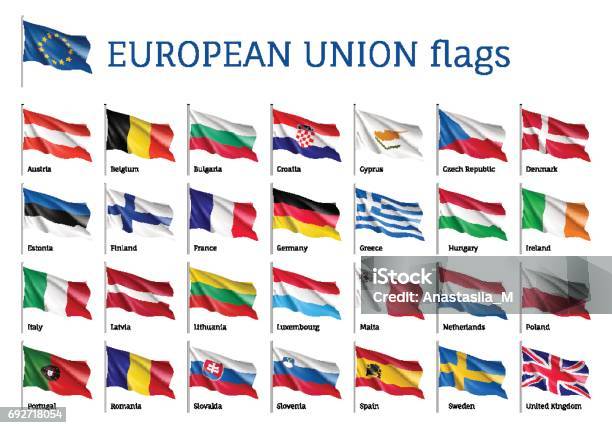 設置揮舞著歐盟的旗幟向量圖形及更多旗幟圖片 - 旗幟, 歐洲, 西班牙