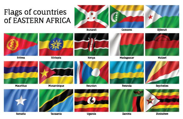 Waving flags of East Africa Set of waving flags of East Africa countries: Djibouti, Comoros, Burundi and Eritrea, Ethiopia, Kenya, Malawi and Mauritius. 18 ensigns of Eastern African states. Vector isolated icons somalian flag stock illustrations