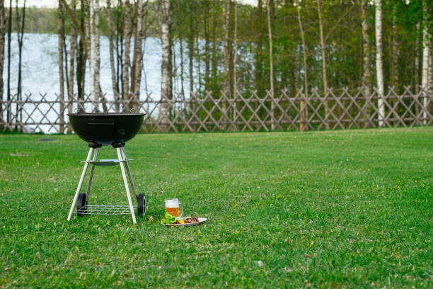 Barbecue grill, beer and grilled vegetables in front of idyllic backyard with lake