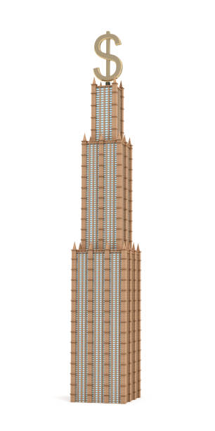 3d rendering of a three tiered skyscraper with a large USD sign as it's spire on white background