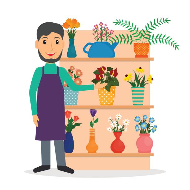 illustrazioni stock, clip art, cartoni animati e icone di tendenza di fiorista di fiori o venditore maschio con piante d'appartamento e fiori in vaso. illustrazione vettoriale eps10 in stile piatto. - florist flower gardening store