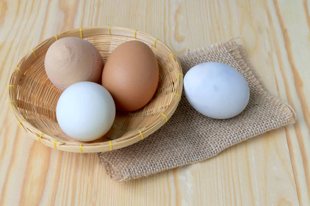 istock Chicken eggs and duck eggs in basket on a wooden table background. 692731196